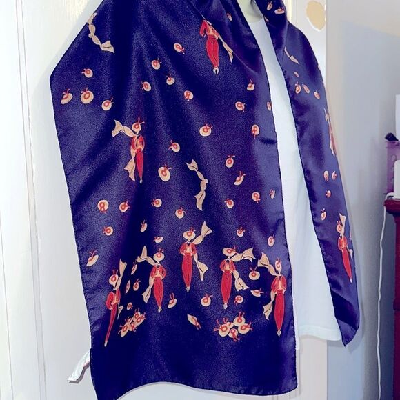 Vtg Transform dark purply blue polyester scarf with person in red outfit print - Picture 4 of 7